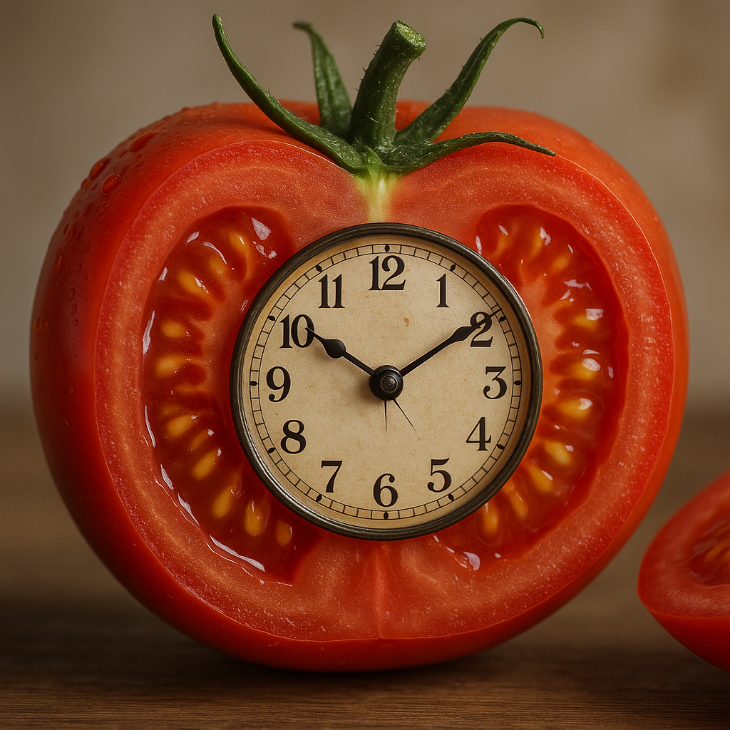 ripe tomato, sliced open with a clock face in it